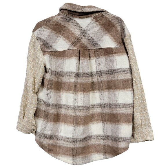Southern Grace Plaid Shacket Jacket Brown Beige Tweed Pockets Button Down - Picture 2 of 6